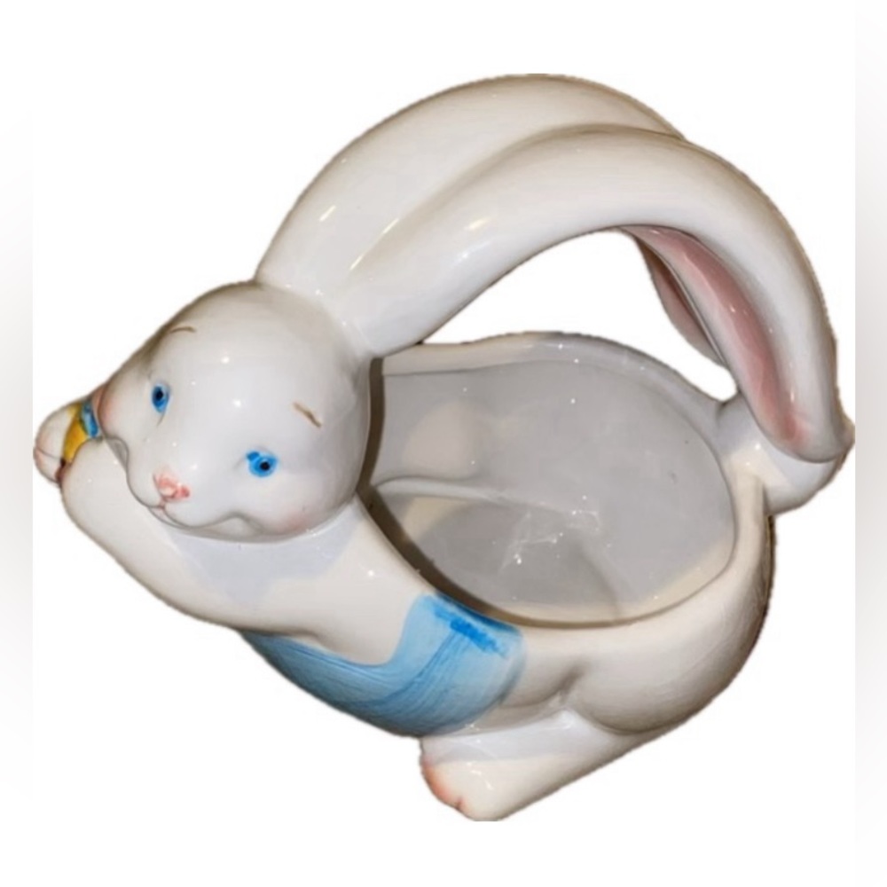 🩵🐇 💖NWT Vintage Long Rich Ceramic Rabbit Candy Dish or Planter